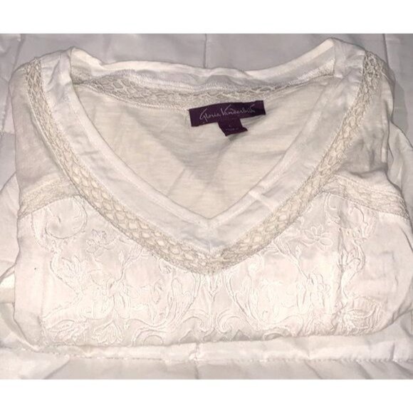 Gloria Vanderbilt Womens White Embroidered V-Neck Top L - Picture 2 of 11